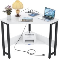 Armocity Corner Small Desk With Outlets Corner Table For Small Space, Computer Desk With Usb Ports Triangle Desk With Storage For Home Office, Workstation, Living Room, Bedroom, White