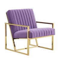 Leisuremod Montgomery Mid-Century Tufted Velvet Pinstripe Design Accent Armchair With Gold Frame (Purple)