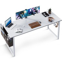 Odk Computer Writing Desk 55 Inch, Sturdy Home Office Table, Work Desk With A Storage Bag And Headphone Hook, White + White Leg
