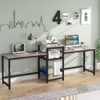 Tribesigns Extra Long Two Person Desk With Storage Shelves, 96.9 Inch Double Computer Desks With Printer Shelf For 2 People, Rustic Writing Desk Workstation For Home Office