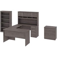 Bestar Innova 83W U Or L-Shaped Desk With Hutch Lateral File Cabinet And Bookcase In Bark Grey