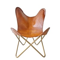 Leather Jackson Leather Living Room Chairs-Butterfly Chair Brown Leather Butterfly Chair-Handmade With Powder Coated Folding Iron Frame (Cover With Folding Frame) (Golden Frame)