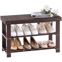 Apicizon Bamboo Shoe Rack For Entryway, 3-Tier Shoe Rack Bench For Front Indoor Entrance, Small Shoe Organizer With Storage, Dark Brown
