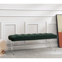Safavieh Couture Home Collection Tourmaline Glam Forest Green Velvet Tufted Acrylic Living Room Bedroom Dining Foyer Entryway Ottoman Bench