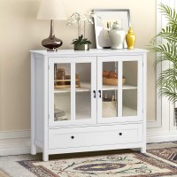 Ssline White Wood Buffet Sideboard Kitchen Server Storage Cabinet Cupboard With A Large Drawer And 2 Glass Doors Modern Elegant Buffet Cabinet Entryway Console Side Tables For Living Room Bedroom
