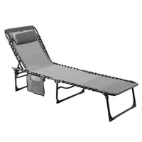 Mupater 4-Fold Patio Chaise Lounge Chair For Outdoor With Detachable Pocket And Pillow, Portable Sun Lounger Recliner For Beach, Camping And Pool, Grey