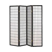 Benjara 4 Panel Foldable Wooden Frame Room Divider With Grid Design, Black