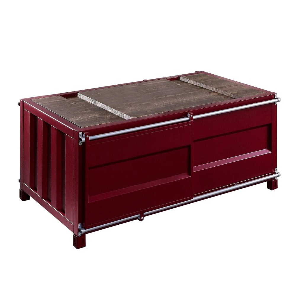 Benjara Container Style Coffee Table With Sliding Doors, Red