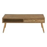 Monarch Specialties Rectangular Cocktail Storage Drawer And 1 Shelf-Rippled Front-Mid-Century Modern Coffee Table, 43 L, Walnut/Gold