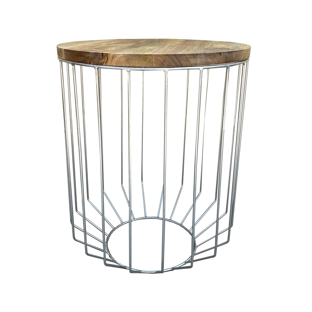 Benjara Round Wooden Top Accent Side End Table With Wire Metal Base, Brown And Chrome