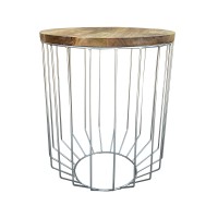 Benjara Round Wooden Top Accent Side End Table With Wire Metal Base, Brown And Chrome