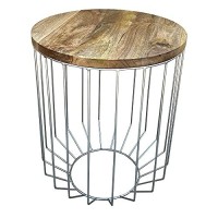 Benjara Round Wooden Top Accent Side End Table With Wire Metal Base, Brown And Chrome