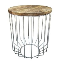 Benjara Round Wooden Top Accent Side End Table With Wire Metal Base, Brown And Chrome