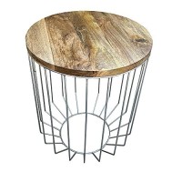 Benjara Round Wooden Top Accent Side End Table With Wire Metal Base, Brown And Chrome