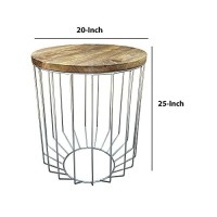 Benjara Round Wooden Top Accent Side End Table With Wire Metal Base, Brown And Chrome