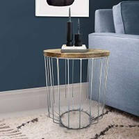 Benjara Round Wooden Top Accent Side End Table With Wire Metal Base, Brown And Chrome