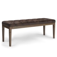 Simplihome Waverly 48 Inch Wide Traditional Rectangle Tufted Ottoman Bench In Distressed Brown Faux Leather, For Living Room, Bedroom