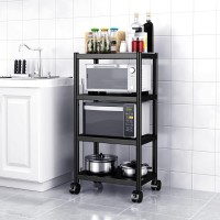 Wpt 4 Tier Kitchen Baker'S Rack On Wheels, Microwave Stand Utility Storage Shelf With Adjustable Feet, Black
