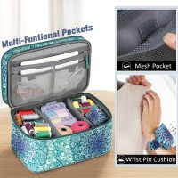 Finpac Sewing Accessories Storage And Organizer Case, Double-Layer Sewing Kits Carrying Bag With Wrist Pin Cushion For Threads, Needles, Embroidery Floss Supplies, Felting Kits (Emerald Illusions)