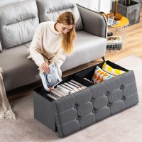 Youdenova 43 Inches Folding Storage Ottoman Bench, Storage Chest Foot Rest Stool With Wooden Divider, Bed End Bench With 120L Large Storage Space, Linen Fabric Grey