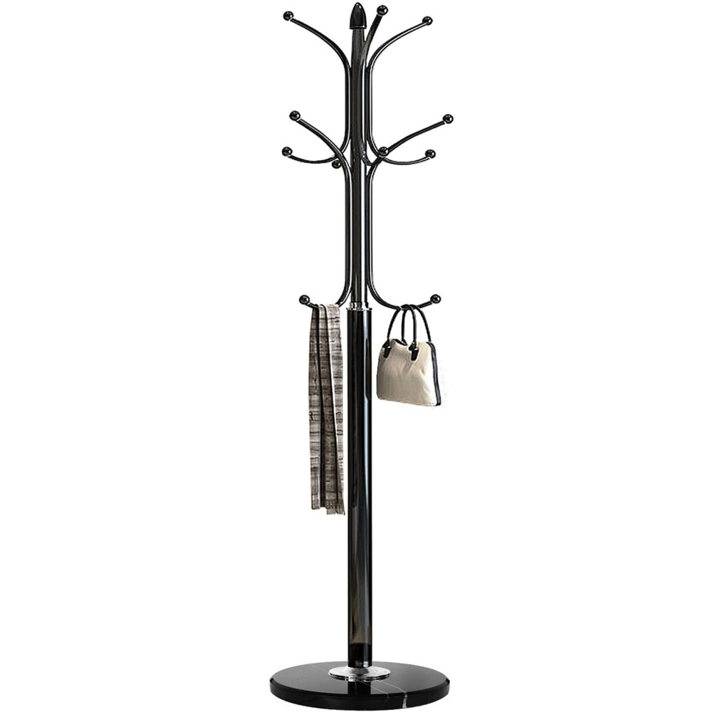 Kertnic Metal Coat Rack Stand With Natural Marble Base, Free Standing Hall Tree With 12 Hooks For Hanging Scarf, Bag, Jacket, Home Entry-Way Hat Hanger Organizer (Black)