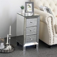 Mirrored Nightstand End Tables 3 Drawers Mirror Accent Side Table Modern Beside Table Silver Wcrystal-Style Knobs For Bedroom, Living Room (Silver)
