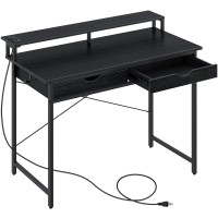 Rolanstar Computer Desk With 2 Drawers And Power Outlet, 39 Home Office Writing Desk With Monitor Stand, Workstation Table With Stable Metal Frame, Black