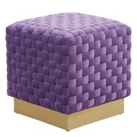 Leisuremod Myrtle 19 Modern Contemporary Square Weave Velvet Lightweight Ottoman Stool With Stainless Steel Gold Base (Purple)
