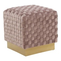 Leisuremod Myrtle 19 Modern Contemporary Square Weave Velvet Lightweight Ottoman Stool With Stainless Steel Gold Base (Pink)