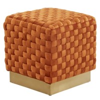 Leisuremod Myrtle 19 Modern Contemporary Square Weave Velvet Lightweight Ottoman Stool With Stainless Steel Gold Base (Orange Marmalade)