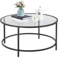 Yaheetech 36 Round Glass Coffee Table, Black Circle Coffee Table Modern Center Table With Glass Top, Small Coffee Table For Living Room, Office & Apartment