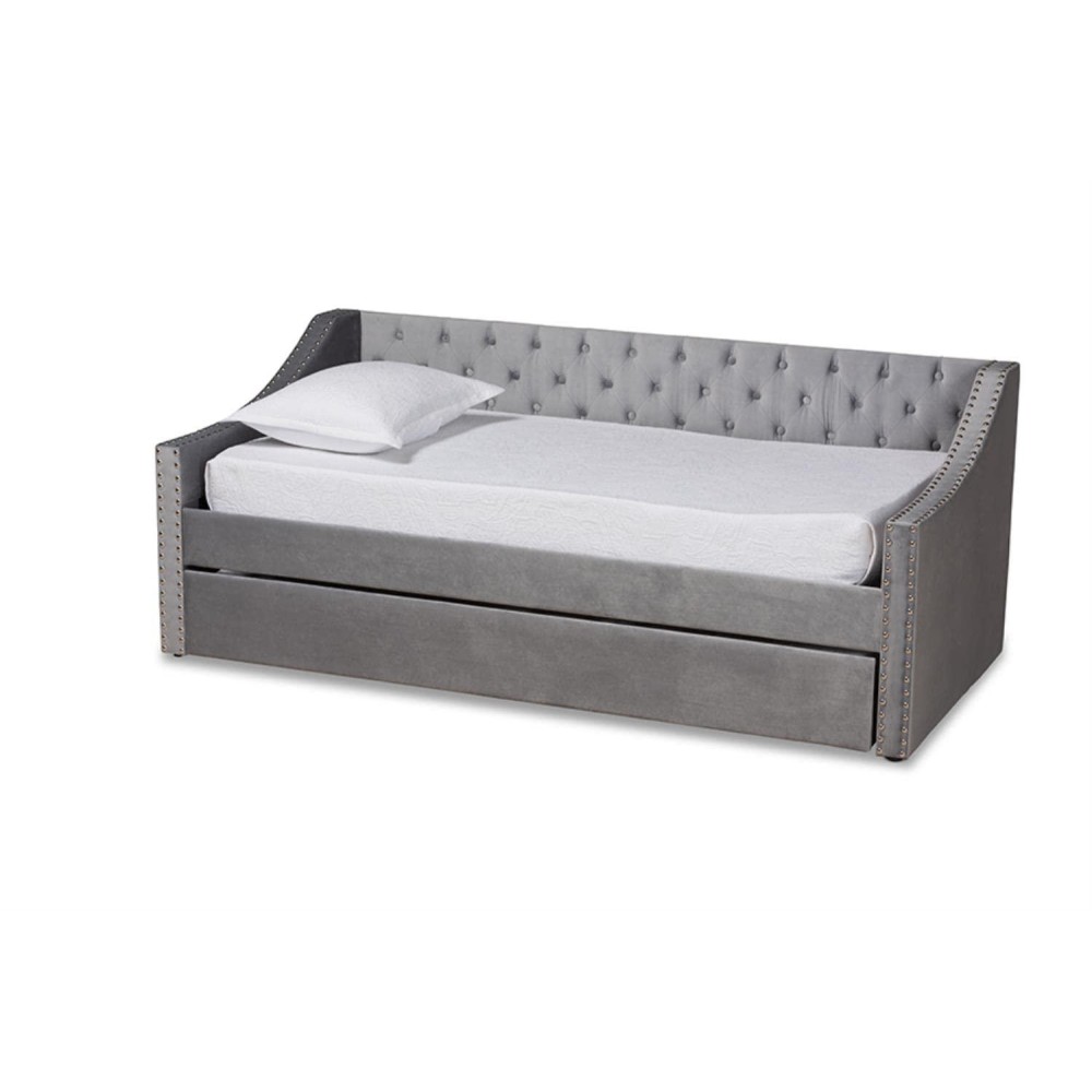 Baxton Studio Raphael Modern And Contemporary Grey Velvet Fabric Upholstered Twin Size Daybed With Trundle
