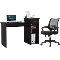 Yaheetech Home Office Modern Desk And Chair Set Computer Desk W/Drawer & Shelves With Ergonomic Mesh Height Adjustable Office Chair