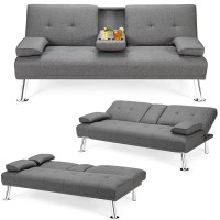 Powerstone Futon Sofa Bed Upholstered Modern Convertible Sofa Couch Sleeper With Removable Armrests Cup Holders Living Room Fabric Loveseat 66, Grey