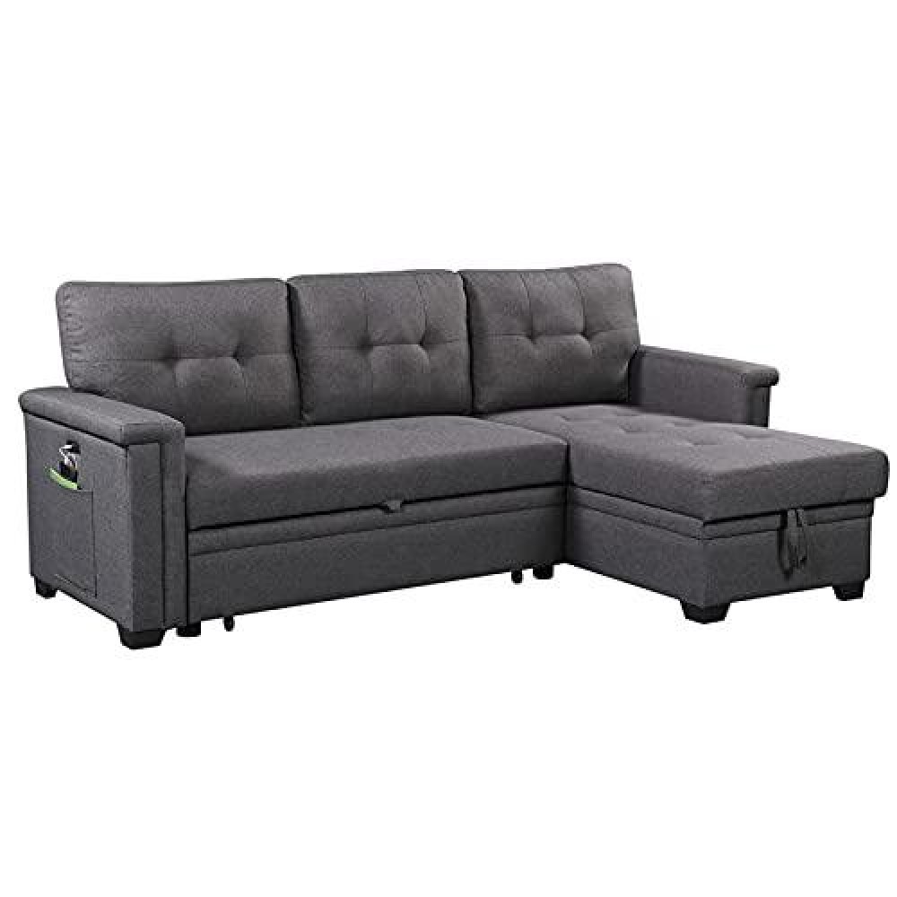 Lilola Home Nathan Dark Gray Reversible Sleeper Sectional Sofa With Storage Chaise, Usb Charging Ports And Pocket