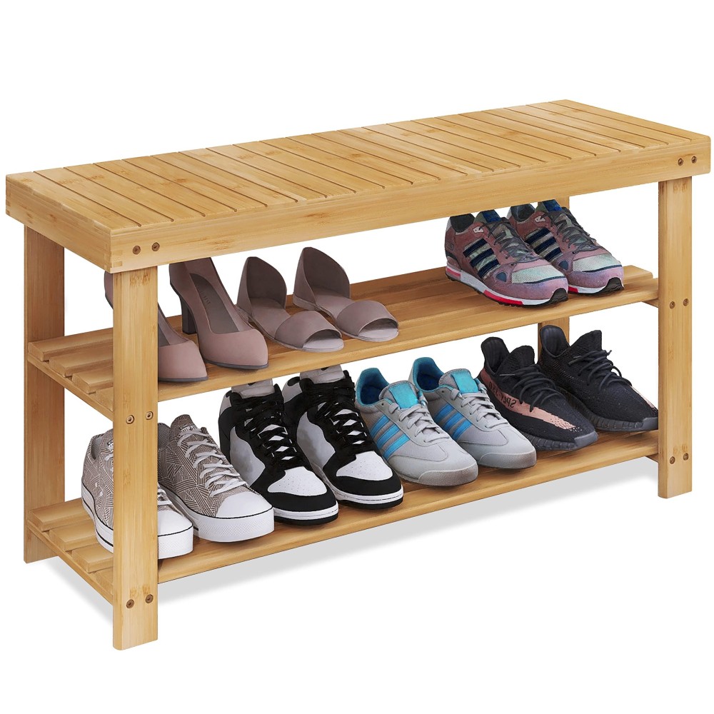 Smibuy Bamboo Shoe Rack Bench, 3-Tier Shoe Organizer Storage Shelf For Entryway Hallway Bathroom Living Room (Natural)