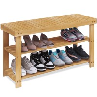 Smibuy Bamboo Shoe Rack Bench, 3-Tier Shoe Organizer Storage Shelf For Entryway Hallway Bathroom Living Room (Natural)