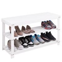 Smibuy Bamboo Shoe Rack Bench, 3-Tier Shoe Organizer Storage Shelf For Entryway Hallway Bathroom Living Room (White)