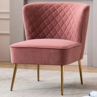 Duhome Velvet Accent Chair, Armless Slipper Chair, Vanity Chairs Makeup Chair With Back, Upholstered Sofa Chair With Golden Legs Barrel Chair For Living Room, Bedroom Pink