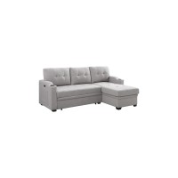 Lilola Home Mabel Light Gray Linen Fabric Sleeper Sectional With Cupholder, Usb Charging Port And Pocket