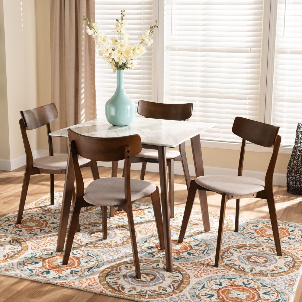 Baxton Studio Brown Wood 5-Piece Dining Set With Faux Marble Dining Table