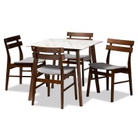 Baxton Studio Richmond Mid-Century Modern Light Grey Fabric Upholstered And Walnut Brown Finished Wood 5-Piece Dining Set With Faux Marble Dining Table