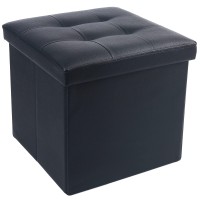 Lotfancy Storage Ottoman Cube, Black Foot Stool Ottoman, 13X12X12 Inch Square Ottoman With Lid, Faux Leather Seat