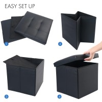 Lotfancy Storage Ottoman Cube, Black Foot Stool Ottoman, 13X12X12 Inch Square Ottoman With Lid, Faux Leather Seat