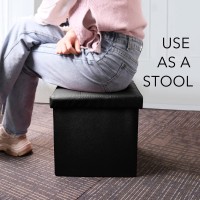 Lotfancy Storage Ottoman Cube, Black Foot Stool Ottoman, 13X12X12 Inch Square Ottoman With Lid, Faux Leather Seat