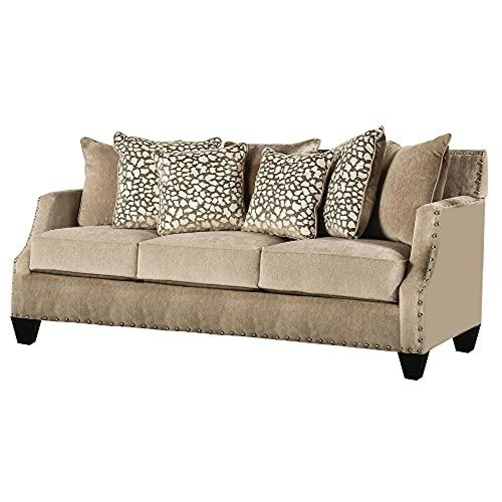 Benjara Fabric Upholstered Sofa With Scooped Track Arms And Nailhead Trim, Brown