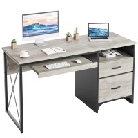 Bestier Industrial Desk With Storage Drawers 55 Inch Writing Study Computer Table Workstation With Keyboard Tray For Home Office, Light Gray Oak
