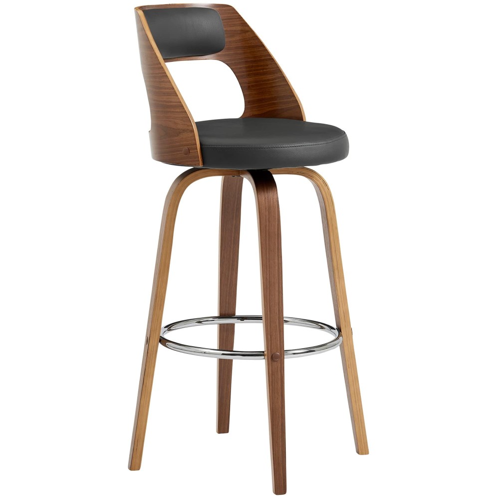 Armen Living Axel 30 Swivel Bar Stool In Gray Faux Leather And Walnut Wood