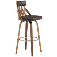 Armen Living Crux 26 Swivel Counter Stool In Brown Faux Leather And Walnut Wood
