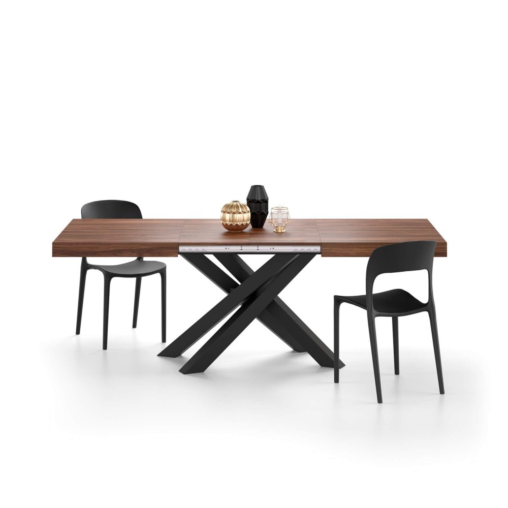 Mobili Fiver, Emma 551 In, Extendable Dining Table, Walnut With Black Crossed Legs, Made In Italy
